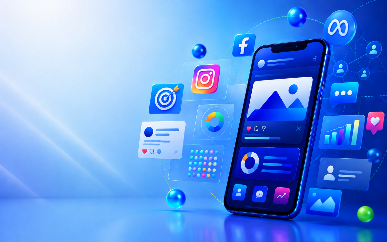 Celular e elementos visuais de campanhas no Facebook e Instagram